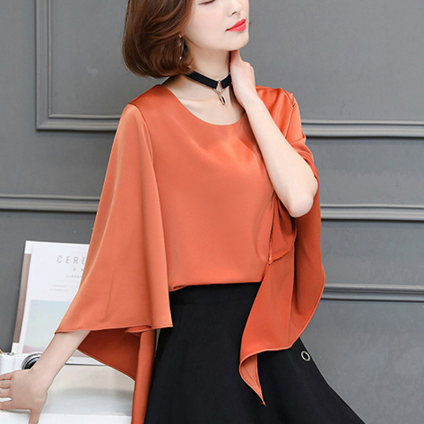 2017 Spring Summer big size big flare sleeve O neck satin shirts women casual loose satin chiffon blouses lady satin silk tops