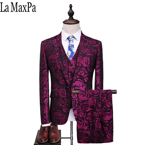 La MaxPa (jacket+pants+vest)2017 Fashion men suit spring autumn suits casual slim fit prom party man wedding red suit dress