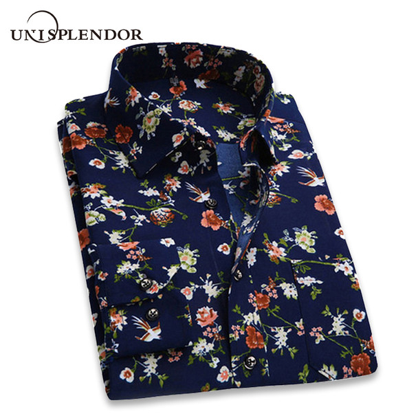 2018 Retro Floral Printed Man Casual Shirts Fashion Classic Men Dress Shirt Breathable Men's Long Sleeve Brand Clothing YN552