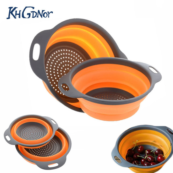 2pcs/set Foldable Silicone Colander Fruit Vegetable Washing Basket Strainer Collapsible Drainer With Handle Kitchen Tool 