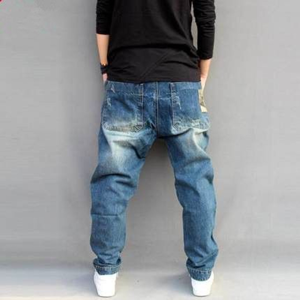 Blue Hole Ripped Baggy Jeans Mens Hip Hop Streetwear Skateboard Denim ...
