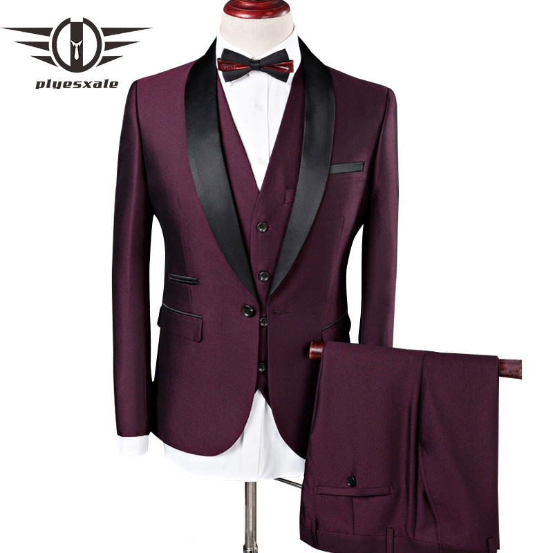 Plyesxale Men Suit 2018 Wedding Suits For Men Shawl Collar 3 Pieces Slim Fit Burgundy Suit Mens