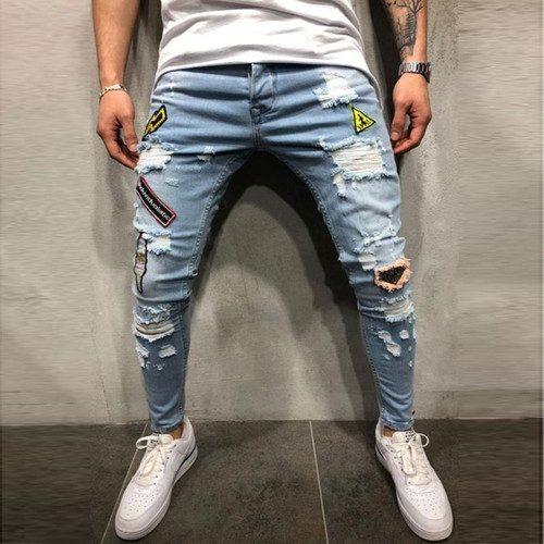 Streetwear Men's Jeans Vintage Blue Skinny Destroyed Ripped Jeans 2018 ...
