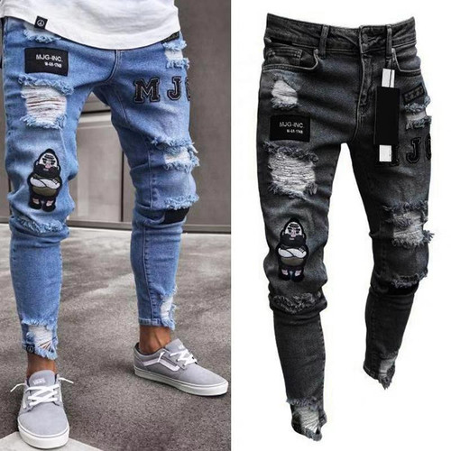 Men denim ripped hole Jeans side high street Jeans Fashion Hip hop ...