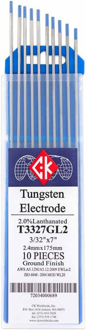 CK Worldwide T3327GL2 Electrodes, 3/32 inch Size, 2% Lanthanated, 10-Piece, Tungsten, Blue