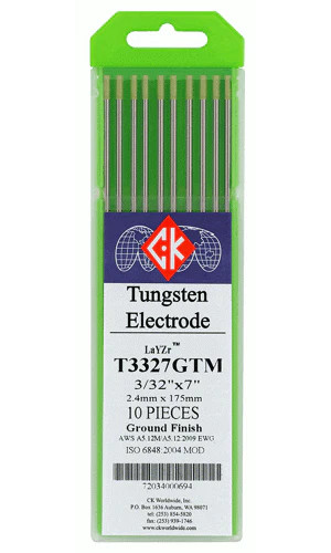CK Worldwide T3327GTM Electrodes, 3/32 inch Size, LaYZr, 10-Piece, Tungsten, Chartreuse