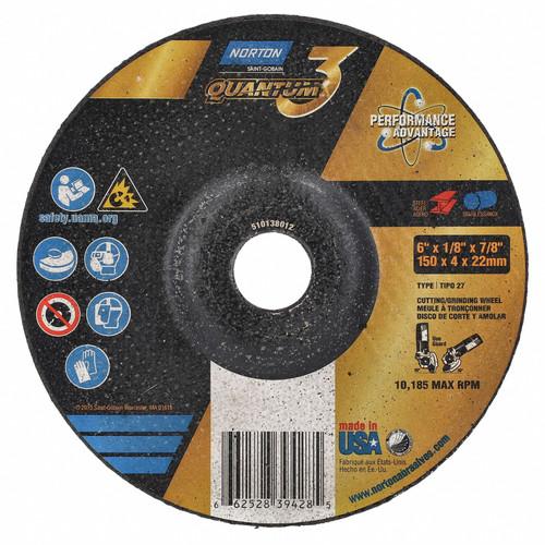 Norton® Quantum™3 66252839428 Depressed Center Wheel, 6 in Dia x 1/8 in THK, 7/8 in Center Hole, 24 Grit, Ceramic Abrasive