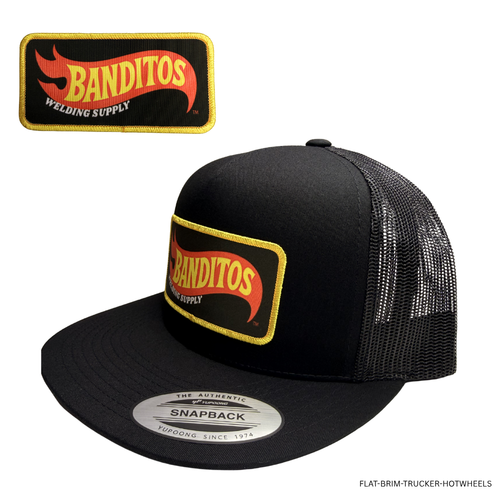 Banditos flat brim trucker hat with flame logo and mesh back