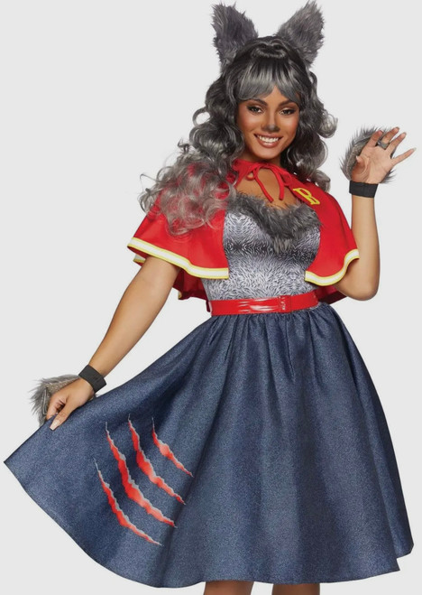THIS SIX PIECE TEEN WOLF COSTUME WILL MAKE ALL THE BOYS HOWL OVER YOU.THIS CUTE COSTUME INCLUDES A FUR TRIMMED SWING DRESS WITH SLASH ACCENTS, BELT, LETTERMAN JACKET CAPELET, FURRY PAW GLOVES AND EAR HEADBAND.
