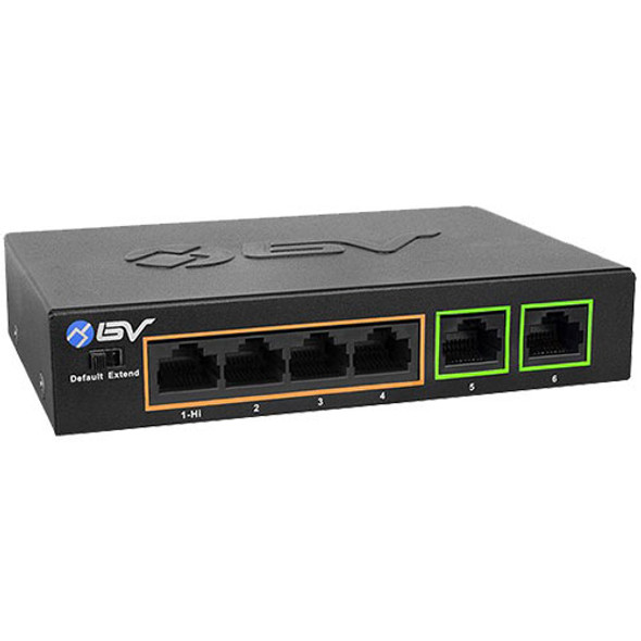 BV-Tech 4 Port PoE+ Switch with 2 Ethernet Uplink and Extend Function – 60W – 802.3at + 1 High Power PoE Port