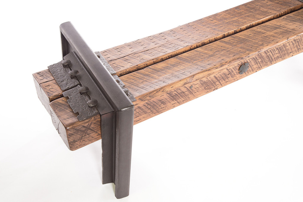 modern industrial style bench from timbers and dark patina steel rail