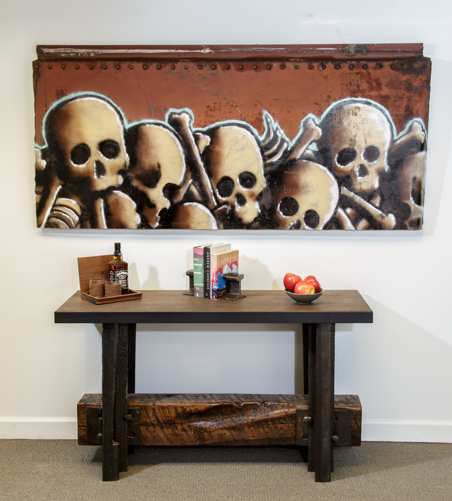 Ichabod skull montage over railroad table credenza