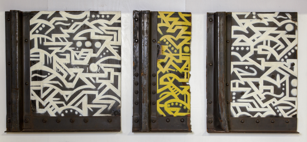 Calligraffiti Triptych on Sections of Railcar