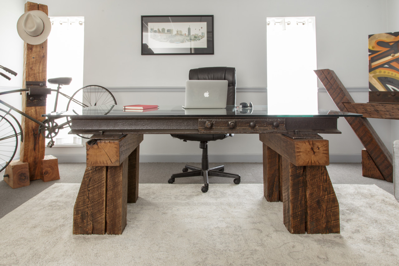 Industrial Style Executive Desk from Reclaimed Steel and Oak