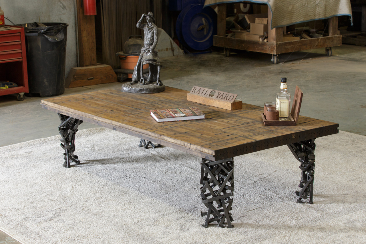 Coffee Table Crafted from Boxcar Flooring and Railroad Spikes Coffee Table Crafted from Boxcar Flooring and Railroad Spikes