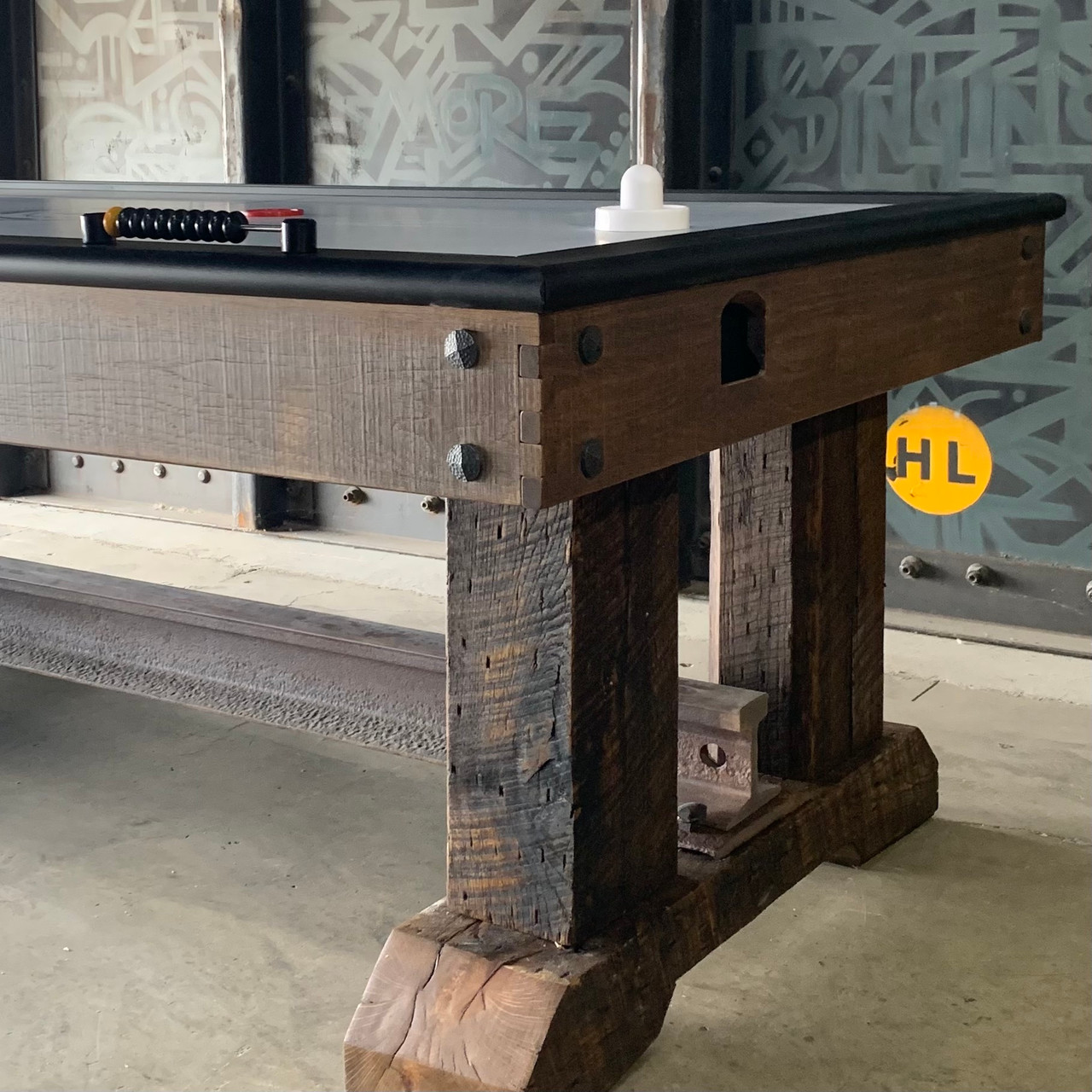 Authentic reclaimed wood and steel railroad-themed pool table from