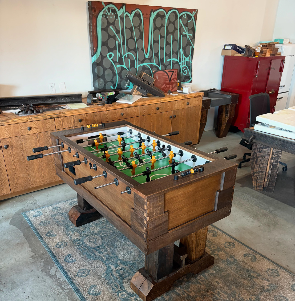 Authentic reclaimed wood and steel railroad-themed pool table from