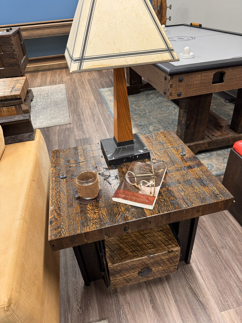 Three-Legged End Table or Nightstand in Wood and Steel