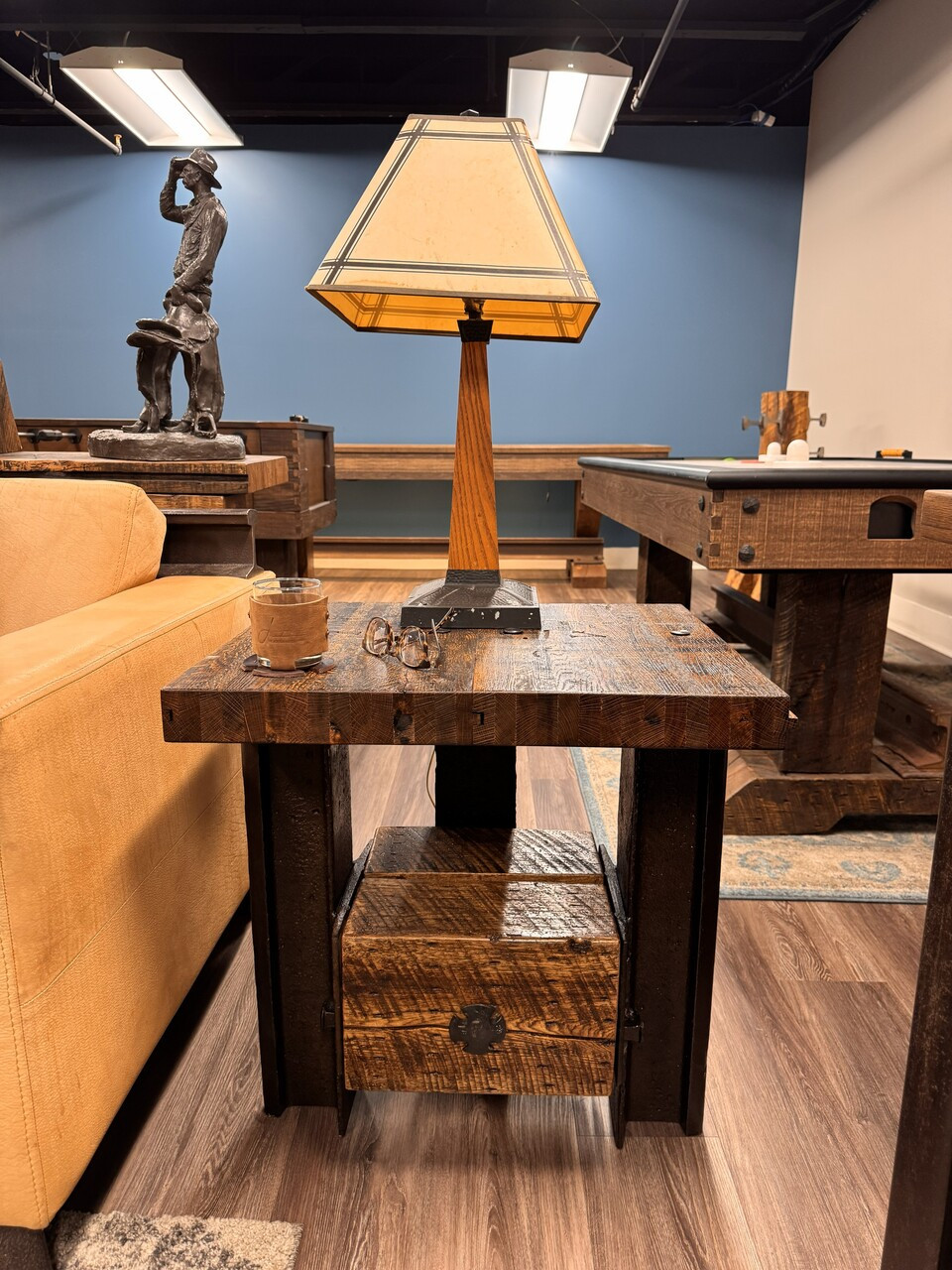 Three-Legged End Table or Nightstand in Wood and Steel