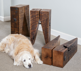 Golden retriever dog with wood timber side table stools