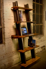 leaning wall bookshelf salvaged hickory wood and steel