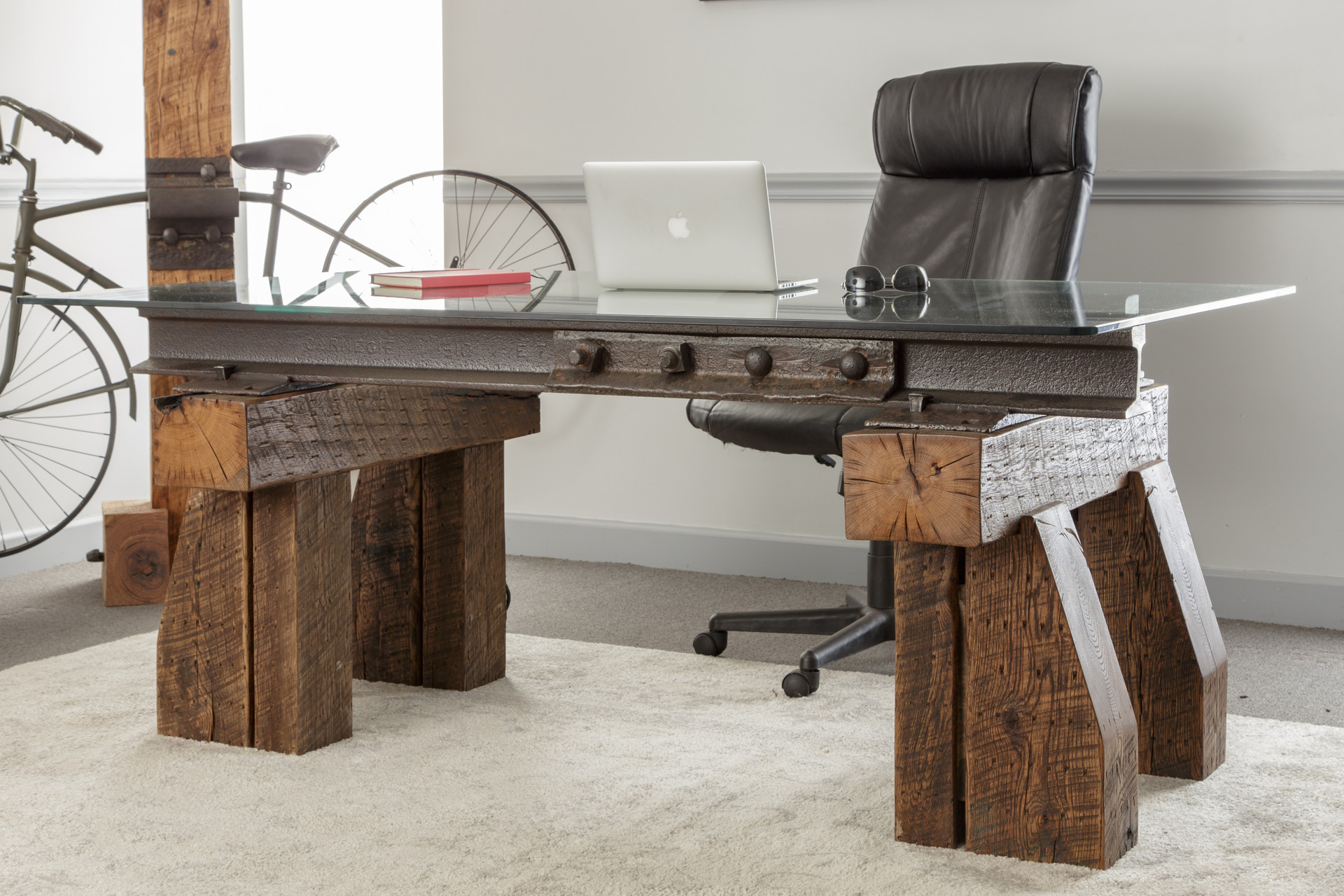 Industrial Style Executive Desk from Reclaimed Steel and Oak