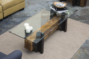simple modern loft interior style coffee table from steel and timber with glass top