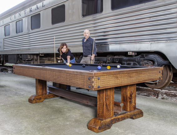 Authentic reclaimed wood and steel railroad-themed pool table from