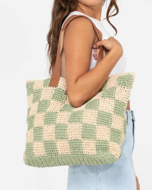 RUSTY CHECKMATE STRAW BEACH BAG - NATURAL/MINT