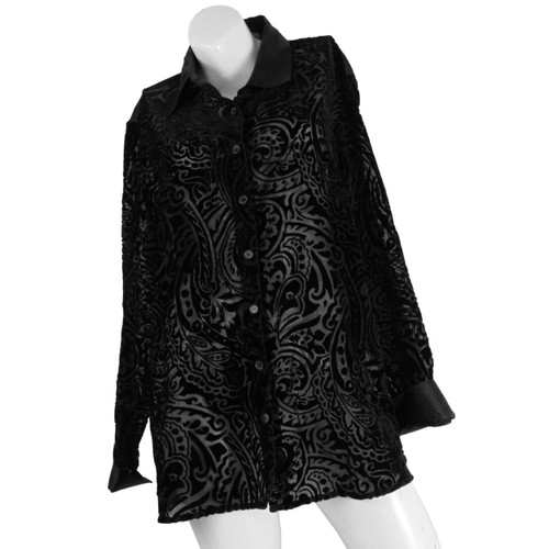 Vintage "tres you woman" - Black Velveteen and Mesh Paisley Burnout Blouse Vintage "tres you woman" - Black Velveteen and Mesh Paisley Burnout Blouse