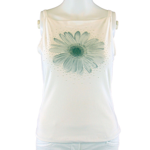 White with a Gray Beaded Sunflower Sleeveless Top