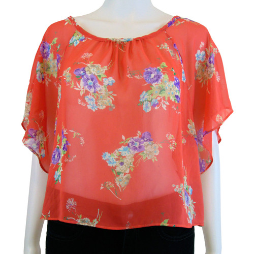 XXI Forever 21 Sheer Orange Floral Top Size Small XXI Forever 21 Sheer Orange Floral Top Size Small