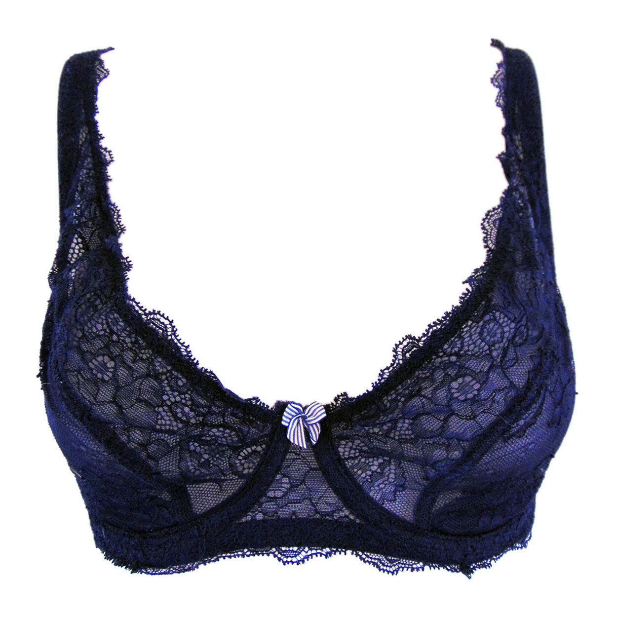 Navy Blue Lace and Mesh Underwire Bra - Size 32E