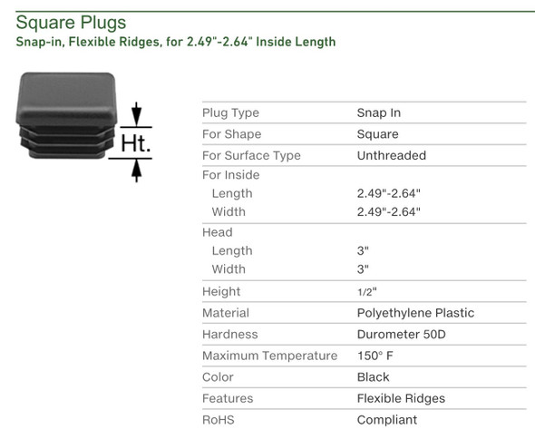 3" Black Square Tubing for Plastic Plugs by 3 Inch Cap Cover Tube Chair Glide Insert Finishing Plug - 3"x3" 2 Pack