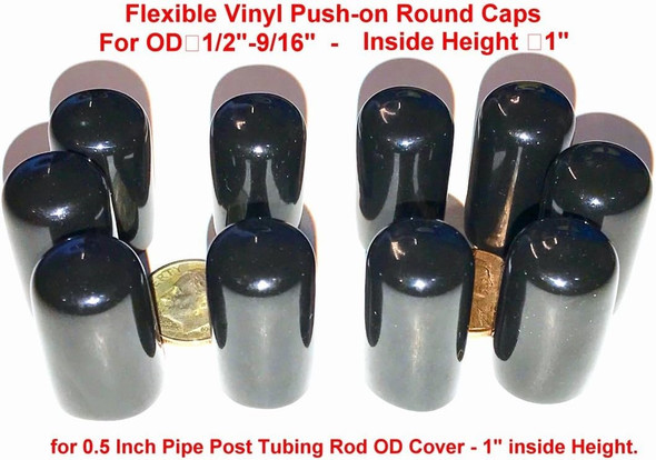 SBDs 1/2"- 9/16" Round Black Vinyl Flexible End Cap Bolt Screw Rubber Thread Protector Safety Cover | for 0.5 Inch Pipe Post Tubing Rod OD Cover - 1" inside Height.