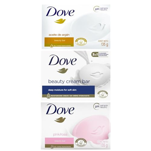 Dove Beauty Bar Soap – Gentle Skin Cleanser - Argan Oil, White and Pink Cream Bars - Deep Hydration for Soft, Smooth Skin | 4.75 oz, 3 Bars