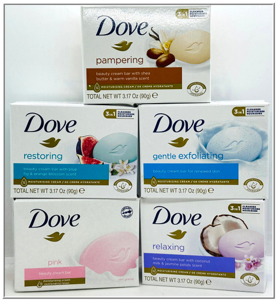 Dove, Beauty Bar Soap Variety Pack of 10, Shea Butter, Blue Fig & Orange Blossom, Coconut Milk, Pink, and Gentle Exfoliating each 3.17 oz/90g (5 Scents, 2 Each)