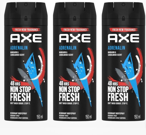 Axe Adrenalin Body Spray for Men, (5.07 Oz / 150ml) |Mandarin & Sandalwood scent |48H Non Stop Fresh PK4