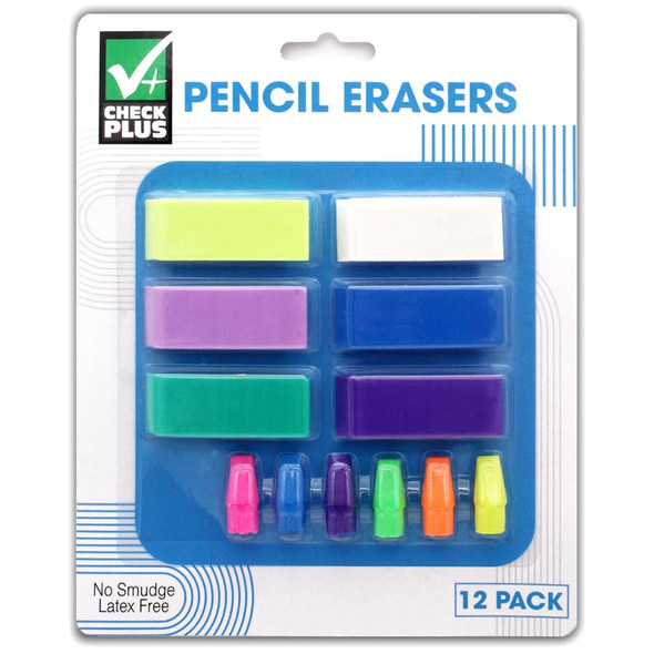 12 Pack ERASERS for Pencils | Assorted Colors for School Supplies, Art, and Office USE | Latex Free - NO Smudge | by SBD