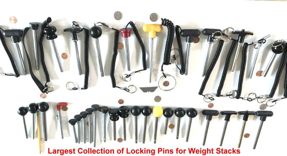SBD's ( 3/8 Dia X 2-1/2" ) Pin Tensile  Locking Length Magnetic Universal Weight Stack Replacement SELECTOR Key Chrome Pl Steel Shaft | Cotterless Detent Hitch PINS - Deluxe Round Al Knob w/ Reinforced Lanyard