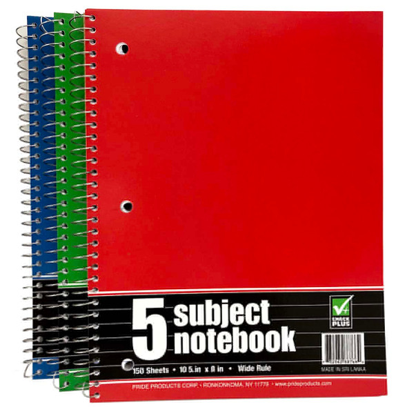 CHECK PLUS SPIRAL NOTEBOOK 150 SHEET 10.5 X 8 IN 5 SUBJECT ASSORTED