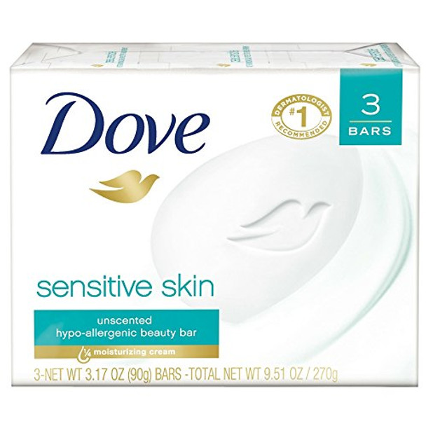 Dove Sensitive Skin Beauty Bar, Unscented, 3 Count, Pack of 1