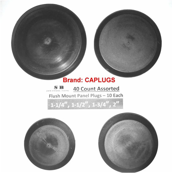 (Lot of 40) CAPLUGS | Flush Mount Black Hole PANEL PLUGS | Assorted "10 Each" ( 1-1/4", 1-1/2", 1-3/4", 2" ) for Auto Body and Sheet Metal Thickness range 03 - .08 Inch | by SBD