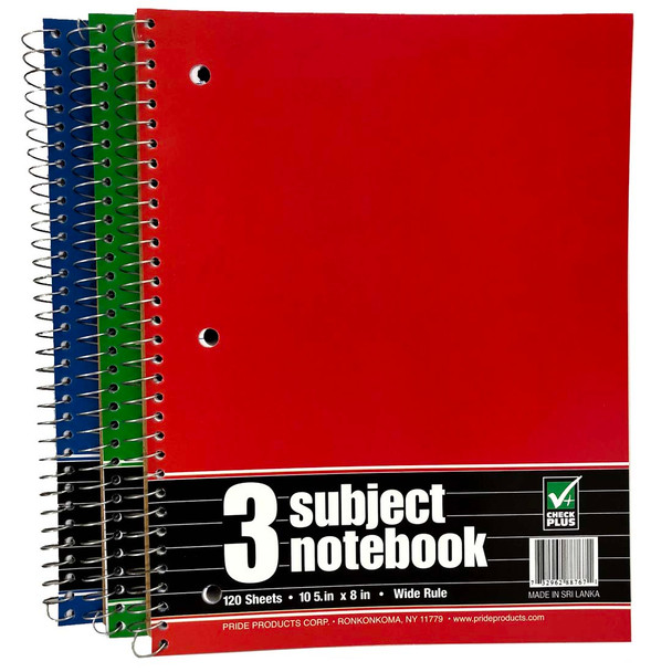 CHECK PLUS SPIRAL NOTEBOOK 120 SHEET 10.5 X 8 IN 3 SUBJECT ASSORTED