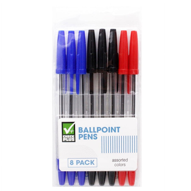 SBD BALLPOINT PENS 8 CT ASSSORTED COLORS 3 BLK 3 BLUE 2 RED IN SEALED PACK