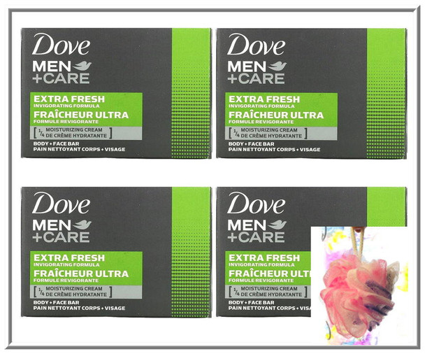 (4 PK) Dove Men+Care 3 in 1 Bar Soap for Body and Face |Hydrate Skin. Extra Fresh Invigorating - ¼ Moisturizing  Soap - 3.51Oz each x 4 + Loofah Multicolor Jumbo size Sponge