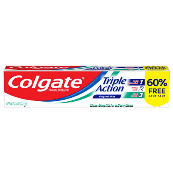 COLGATE TOOTHPASTE 2.5 OZ +1.5 OZ TRIPLE ACTION + 60% FREE