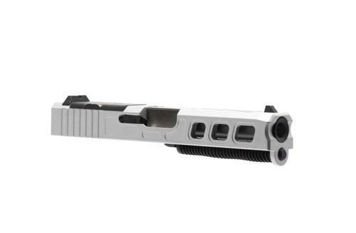 Desert Cat ODEN G19 complete slide Silver Cerakote — ported barrel close-up