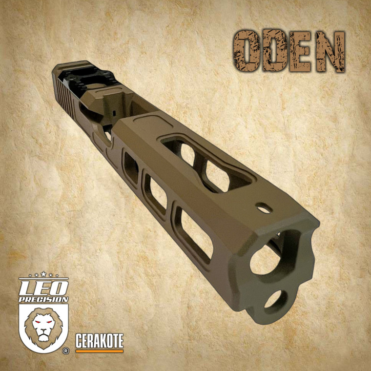 Leo Precision Oden Stripped Slide for Glock 17 in FDE finish with Open Black RMR cover available at leoprecision.com