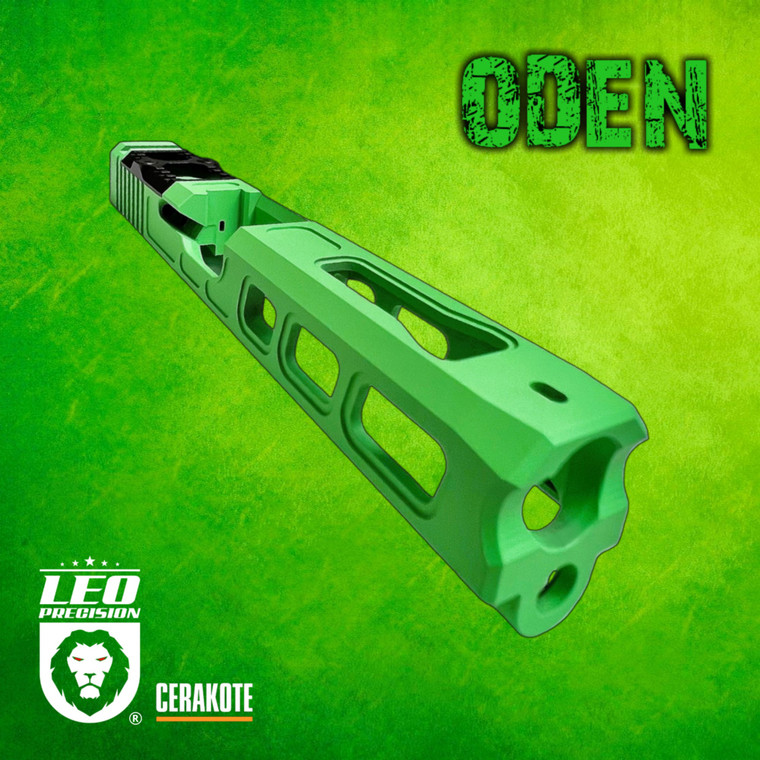 Leo Precision Oden Stripped Slide for Glock 17 in Parakeet Green finish with a Black Open RMR Cover available at leoprecision.com